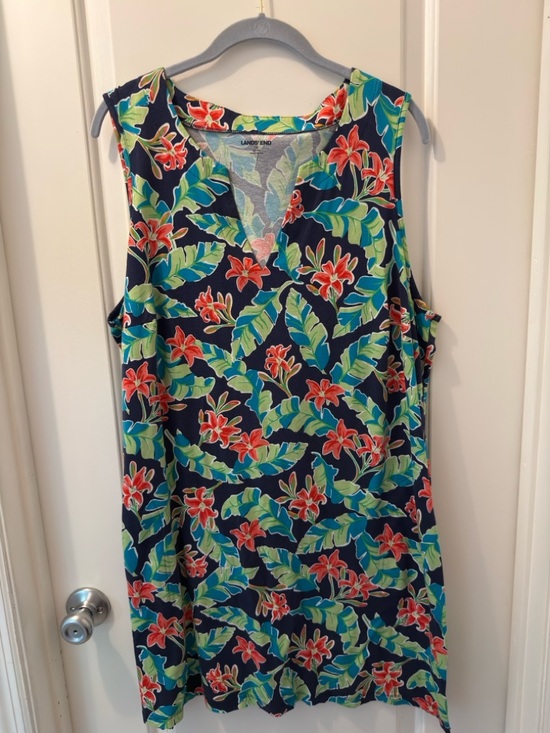 Lands' End Dresses & Skirts - Lands' End Navy Tropical Floral Midi Dress with Green Leaves and Red Flowers